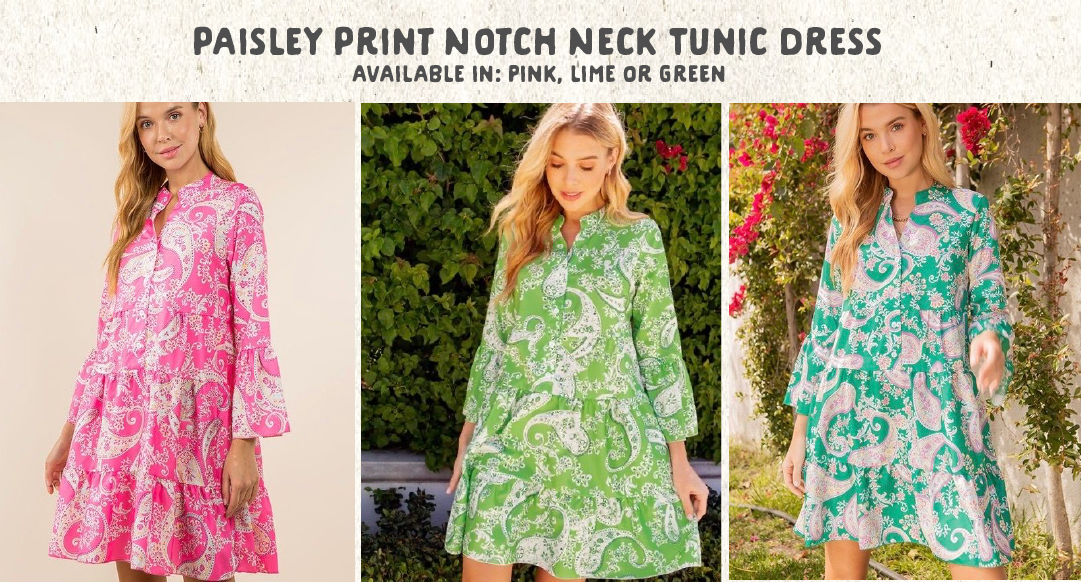 PAISLEY PRINT NOTCH NECK TUNIC DRESS AVAILABLE IN: PINK, LIME OR GREEN 