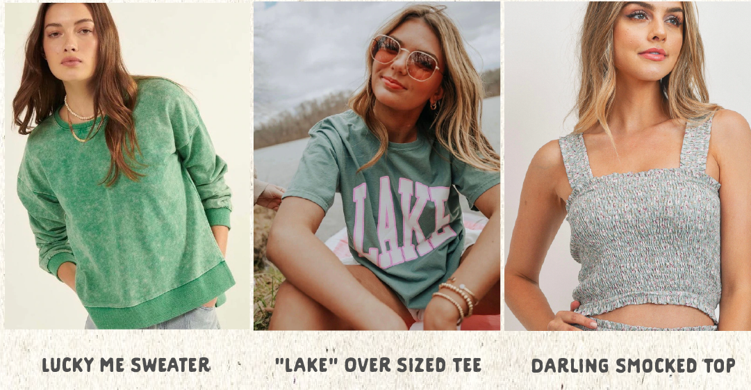  LUCKY ME SWEATER - "LAKE" OVER SIZED TEE DARLING SMOCKED TOP 