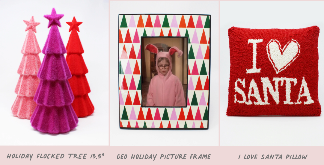  HOLIDAY FLOCKED TREE 55" GEO HOLIDAY PICTURE FRAME ! LOVE SANTA PILLOW 