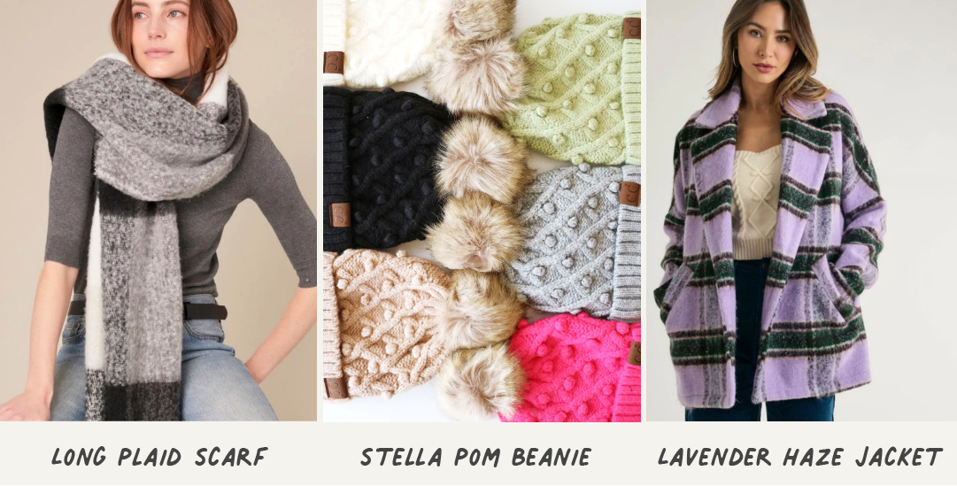  LONG PLAID SCARF STELLA POM BEANIE LAVENDER HAZE JACKET 